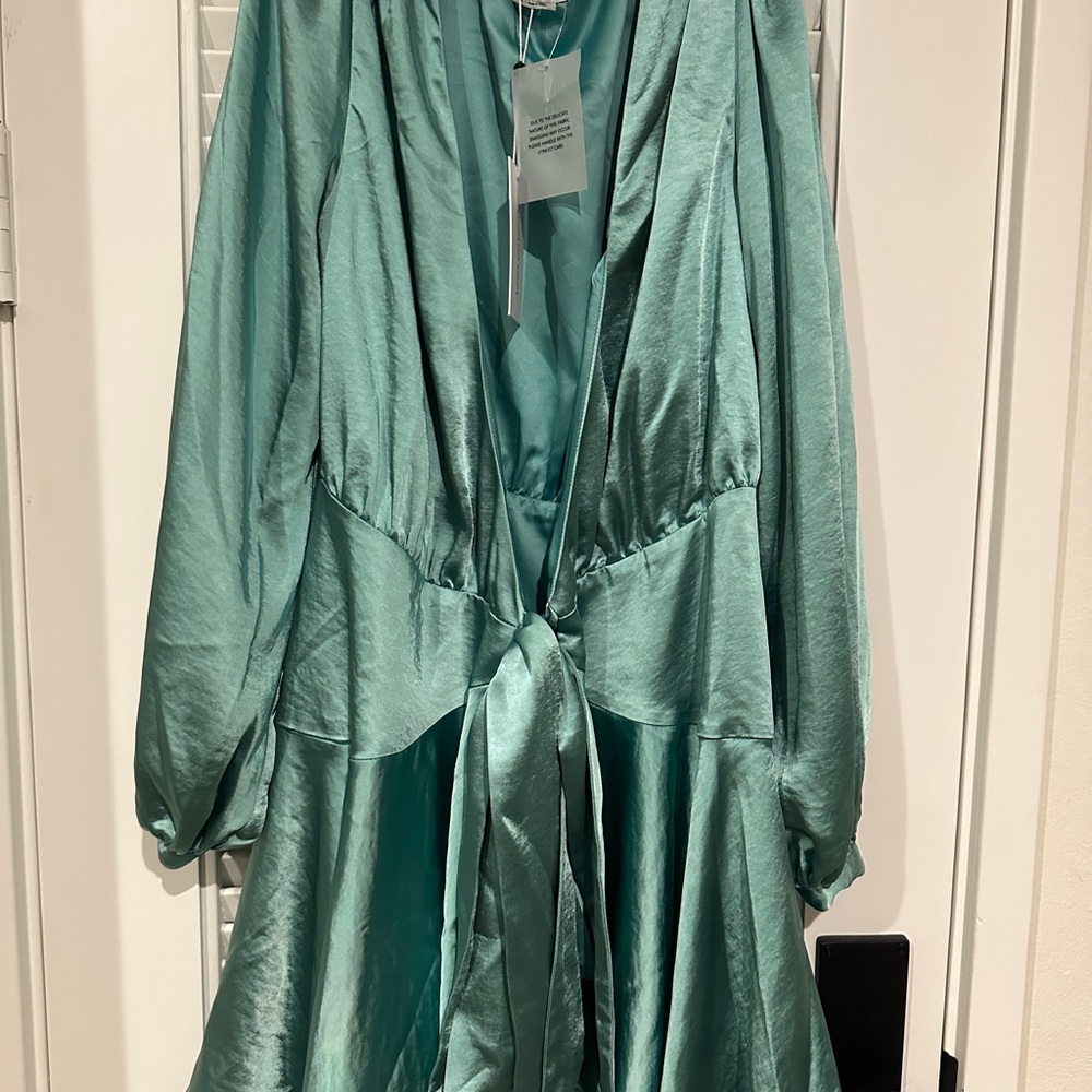 Lovers + Friends Kayleigh Satin Teal Wrap Dress - Picture 4 of 7
